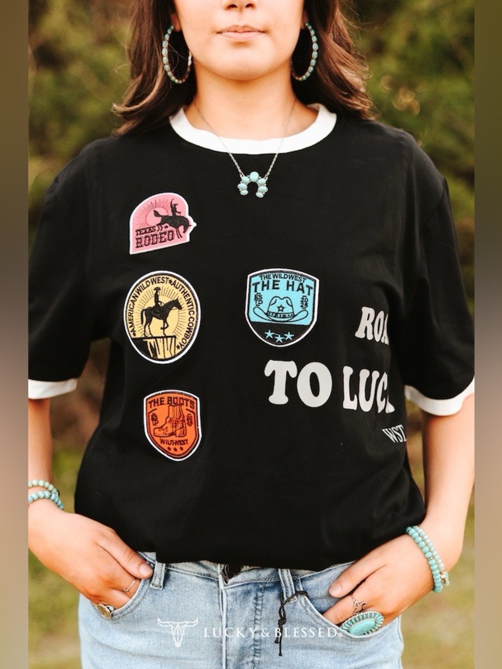Lucky & Blessed Black Graphic Patch Ringer Tee